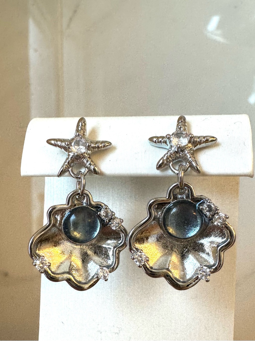 Silver shell mermaid earrings dangle stud sea star blue aquamarine cabochon